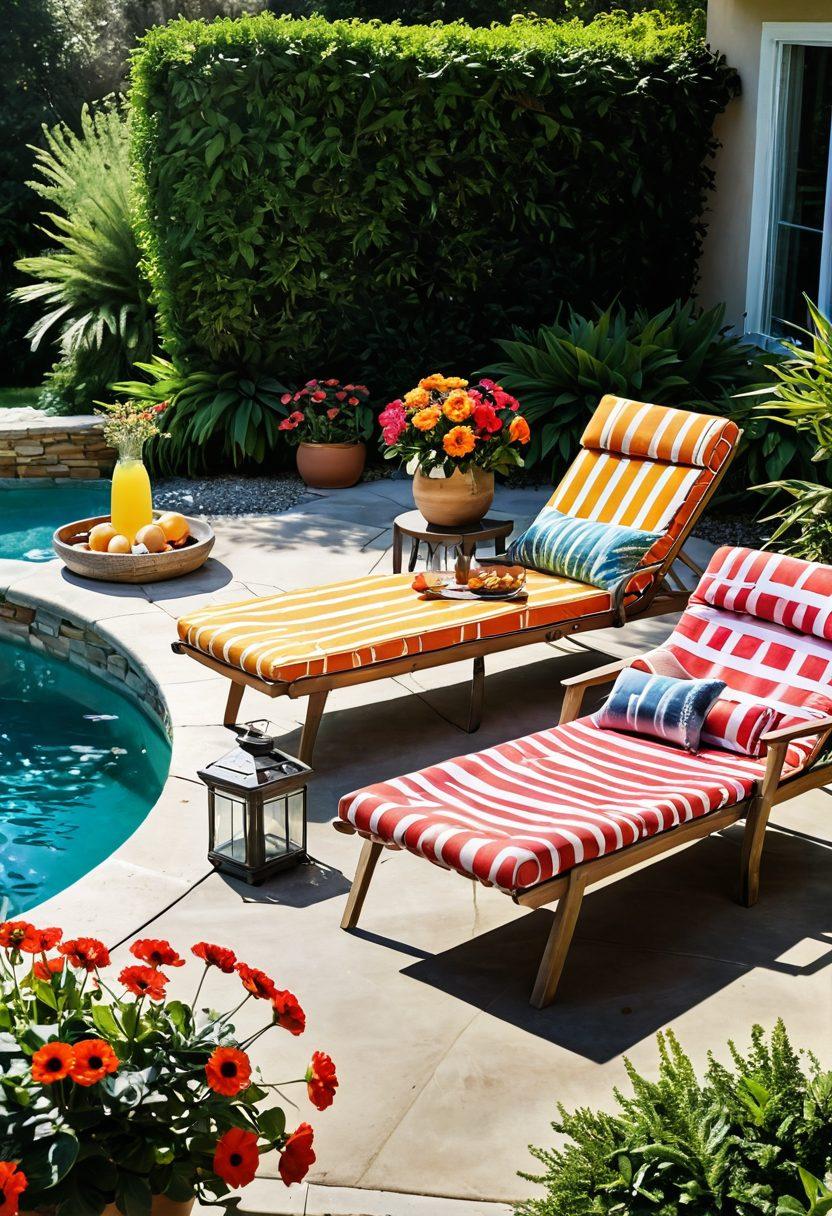 A sun-drenched outdoor space featuring stylish garden furniture, such as a cozy lounge chair and a chic table, surrounded by vibrant flowers and greenery. Incorporate elements of swimwear inspiration, like colorful beach towels draped over chairs and a refreshing beverage on the table. Highlight the transition from relaxing garden vibes to poolside fun, capturing the essence of elevated outdoor living. Use bright, cheerful colors and a sunny atmosphere. super-realistic. vibrant colors. 3D.