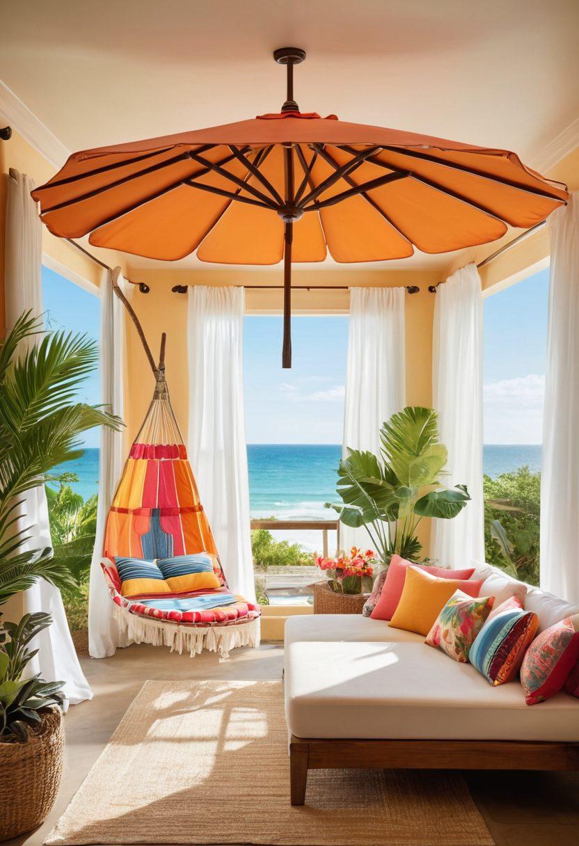 A sunlit, airy room adorned with beach-themed décor, showcasing various stylish bikinis hanging gracefully on a clothesline. Bright tropical plants in the corners, a refreshing ocean breeze flowing through sheer curtains, and a cozy lounge area with a vibrant beach umbrella. Accentuate the sense of relaxation and warmth, capturing the essence of a vacation vibe. super-realistic. vibrant colors. soft focus.