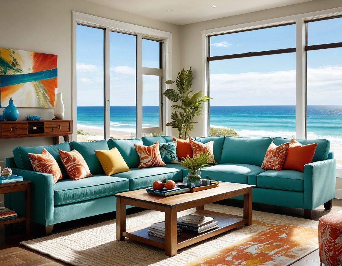 A stylish living room showcasing a vibrant mix of contemporary home furnishings and beach-themed decor, featuring chic bikini-inspired throw pillows and a tropical color palette. Sunlight flooding through large windows enhances the summery vibe, while surfboards and seashells complement the modern sofa. Evoke a feeling of relaxation and harmony between indoor and outdoor spaces. super-realistic. vibrant colors. bright and airy.